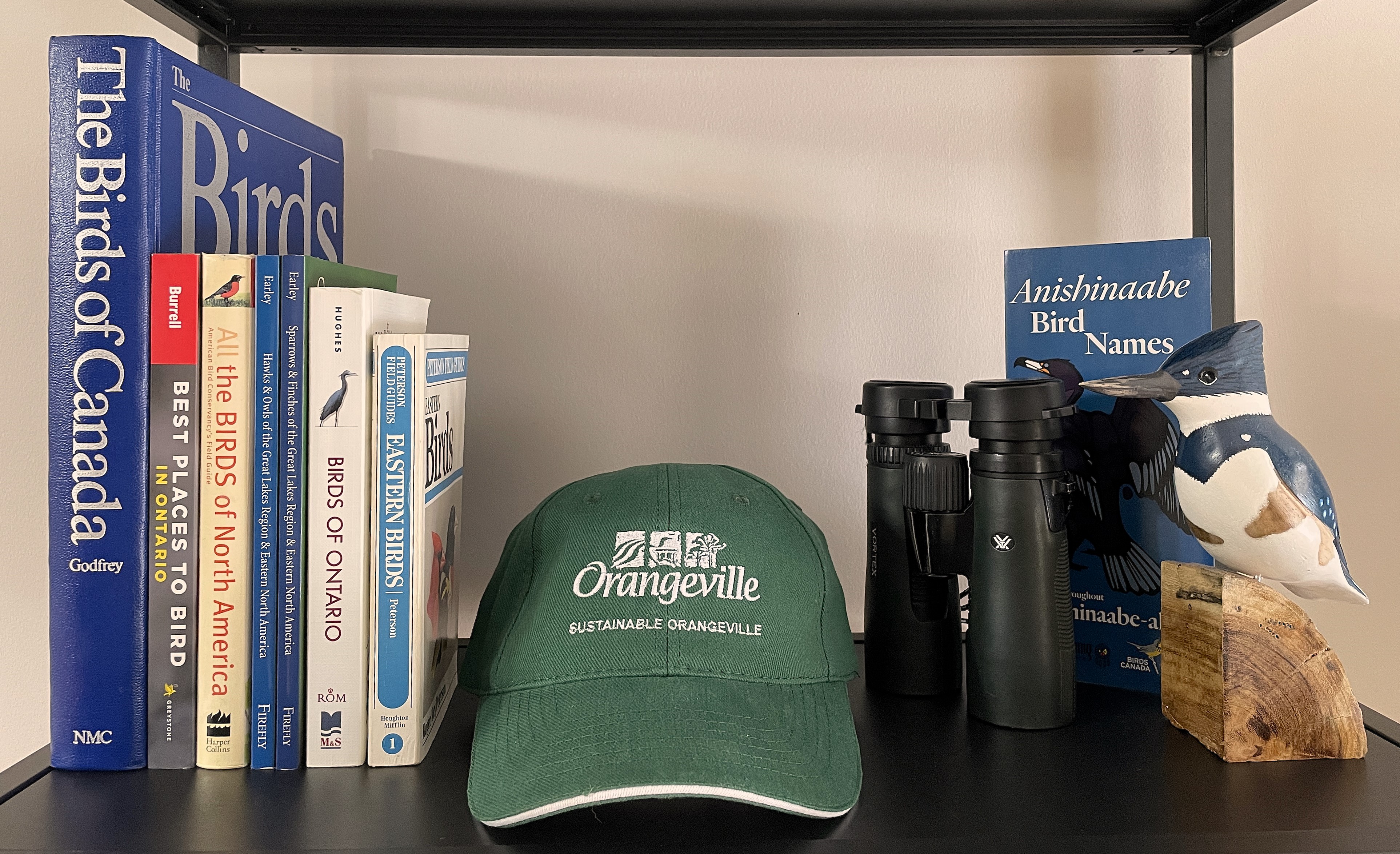 A shelf of bird reference books and brochure with a pair of binoculars, carved bird perched on wood, and a baseball hat with the words Sustainable Orangeville on it..